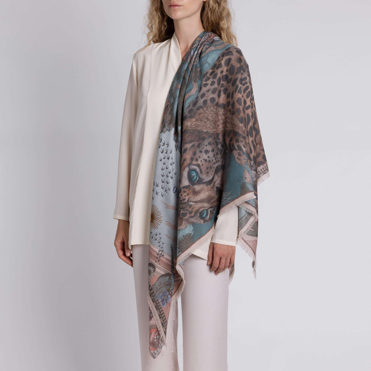 The Medici Cheetah Sillk Twill Shawl in Morello Mint | Sabina Savage