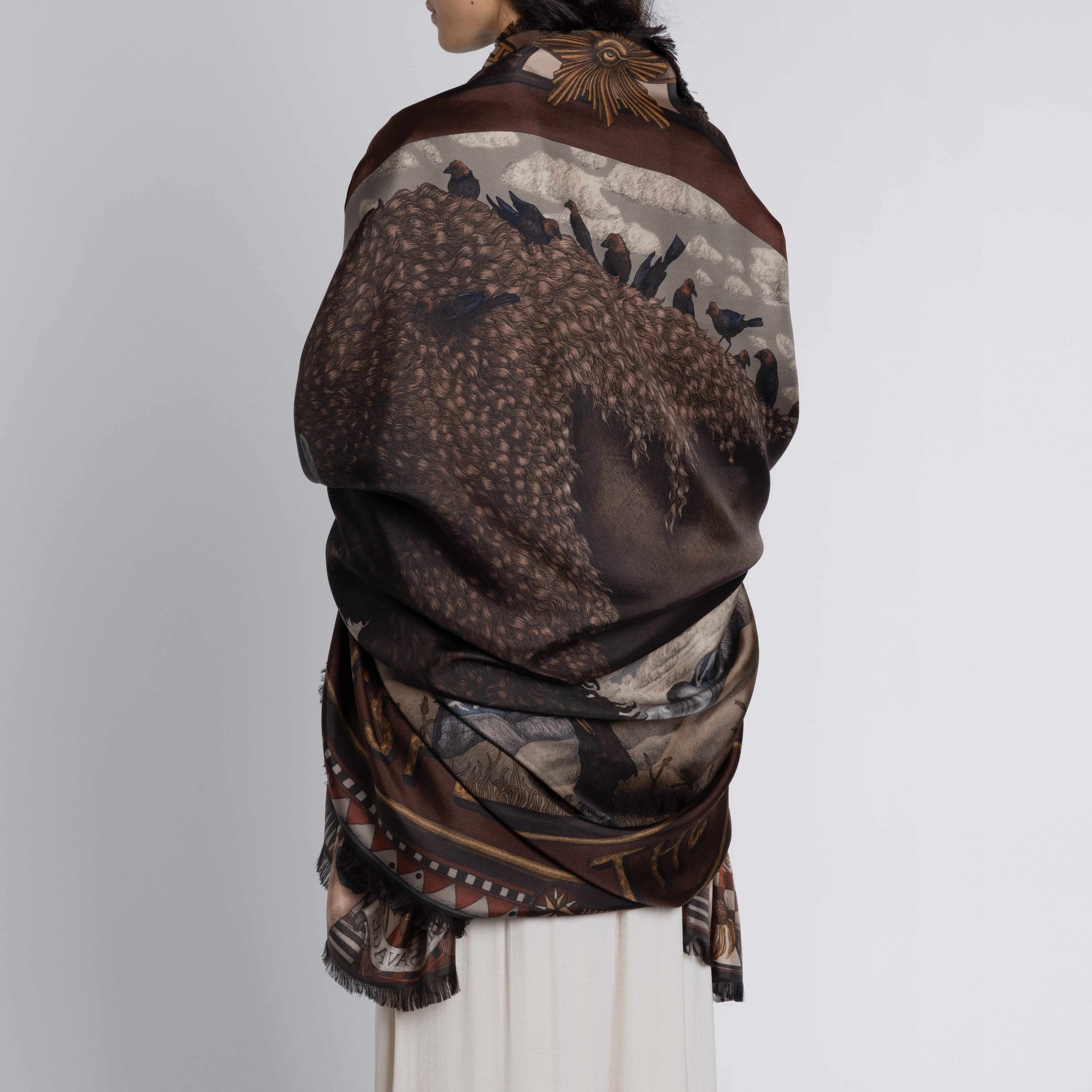 Secrets of the Bison Silk Twill Shawl in Sanguine Silver | Sabina