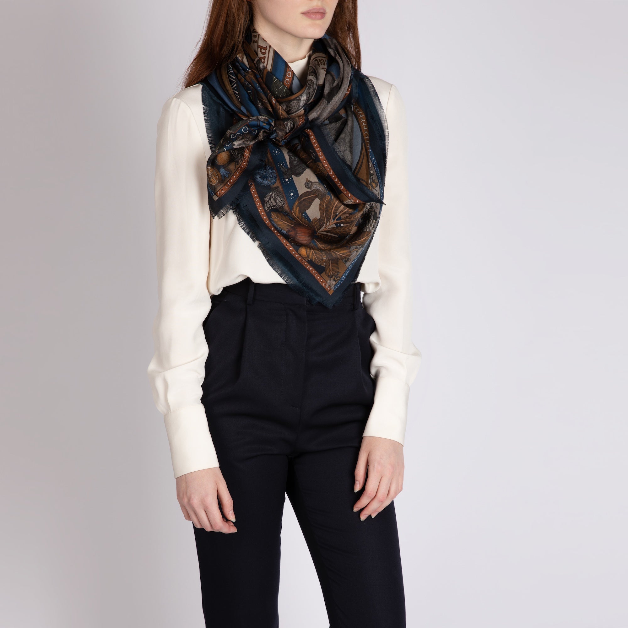thumbnail image 2 of Handmade 18 Momme Twill Silk Wrap Scarf - Cloud Animals Double Face Shawl (90x90cm) - Women's Elegant 2 of 6