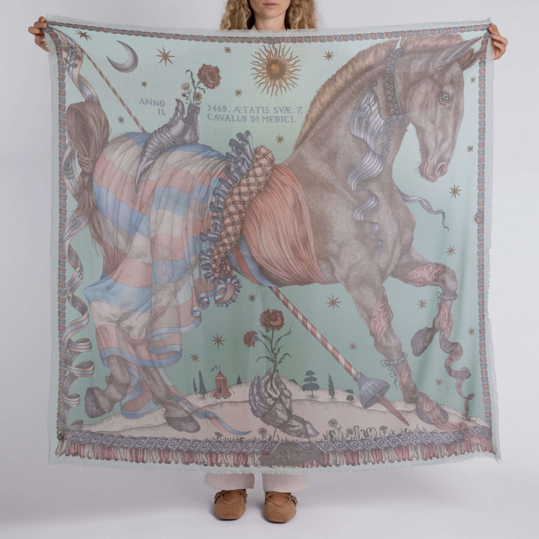The Celestial Steed Cashmere Shawl in Celadon/Salt | Sabina Savage