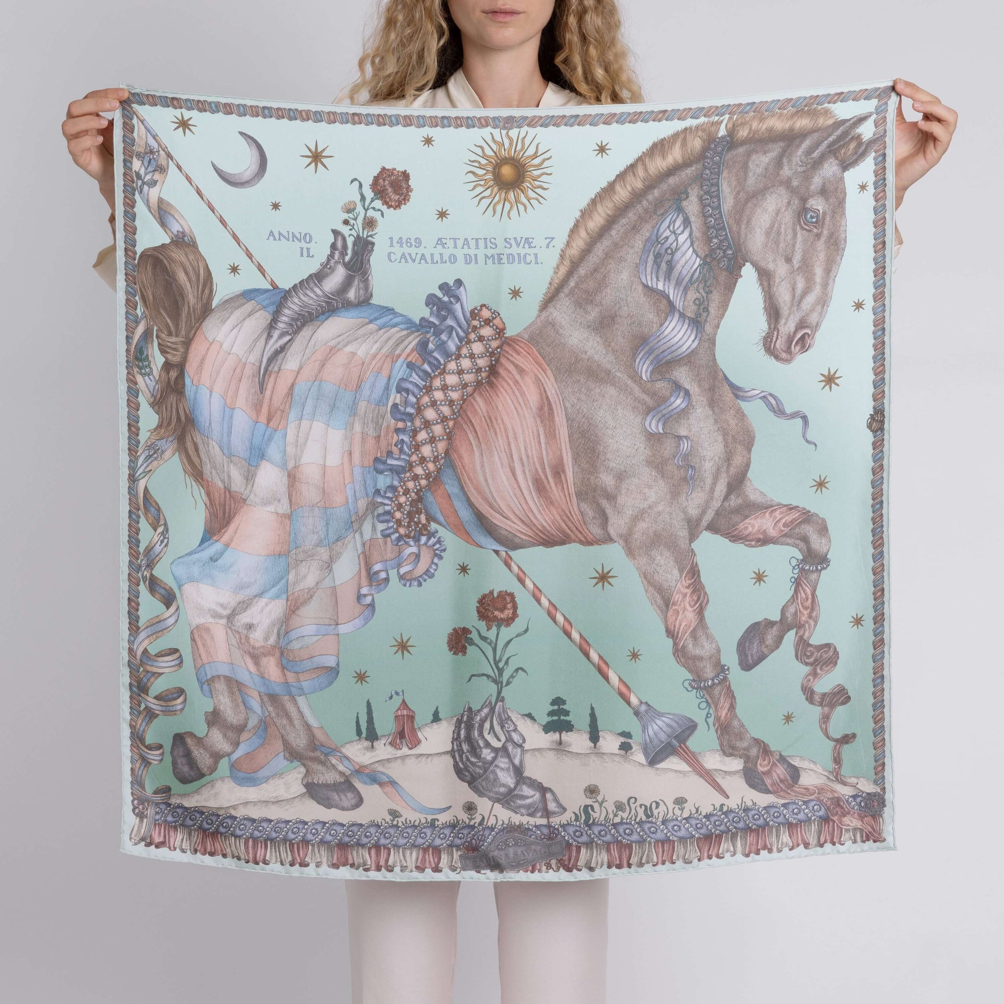 The Celestial Steed Silk Twill Shawl in Celadon Salt | Sabina Savage