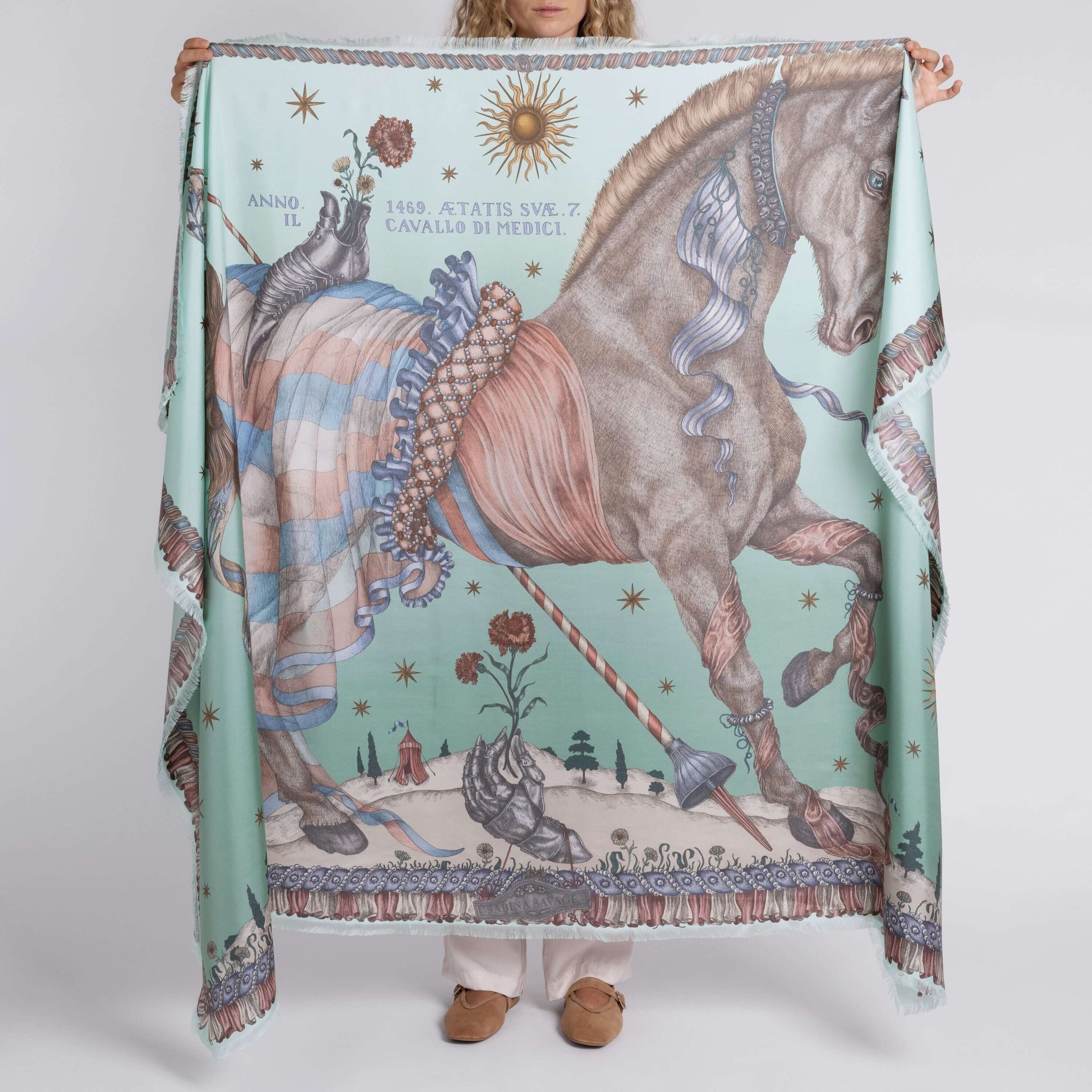 The Celestial Steed Silk Twill Shawl in Celadon Salt | Sabina Savage