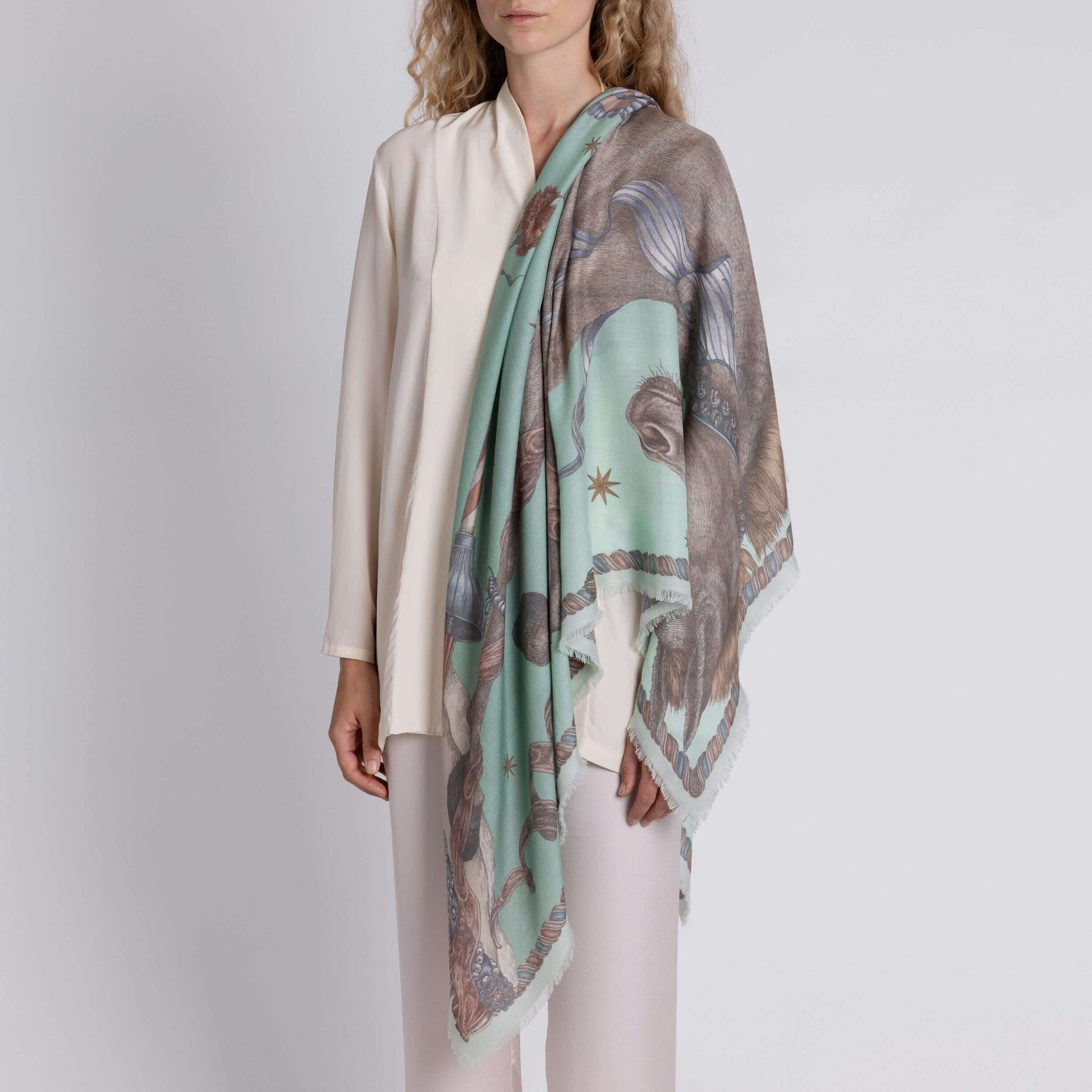 The Celestial Steed Silk Twill Shawl in Celadon Salt | Sabina Savage