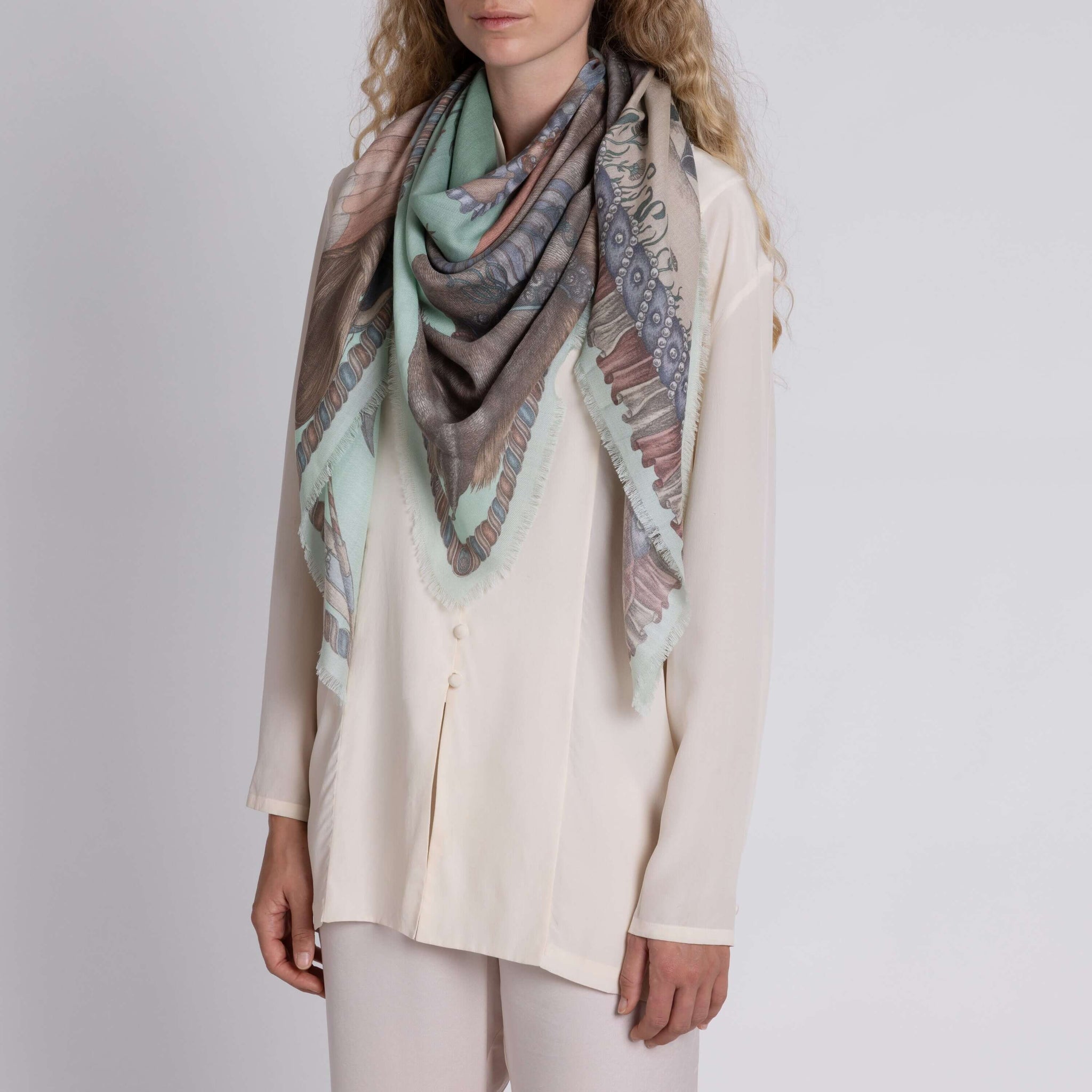 The Celestial Steed Silk Twill Shawl in Celadon Salt | Sabina Savage