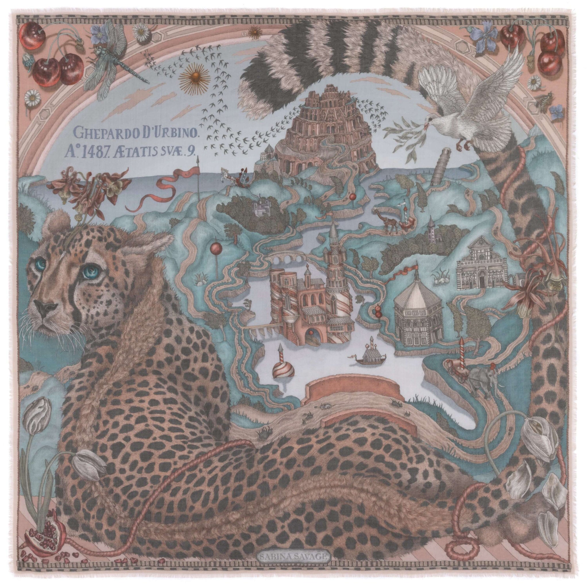 The Medici Cheetah Cashmere Shawl in Morello Mint | Sabina Savage