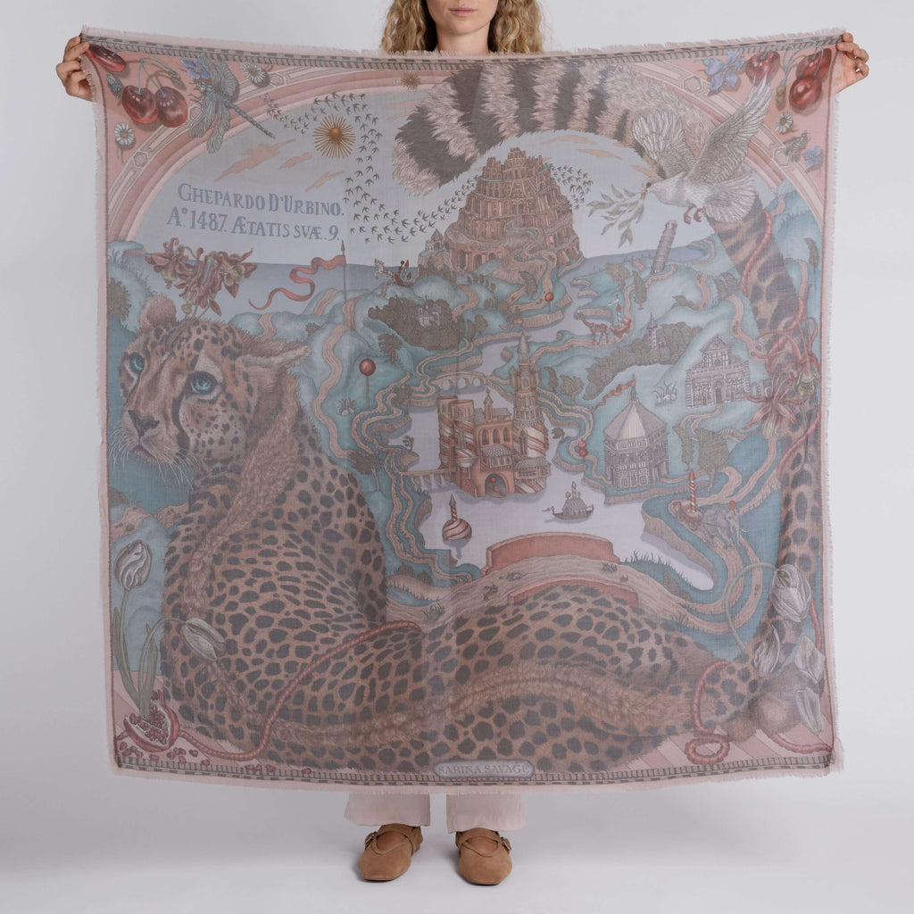 The Medici Cheetah Cashmere Shawl in Morello Mint | Sabina Savage