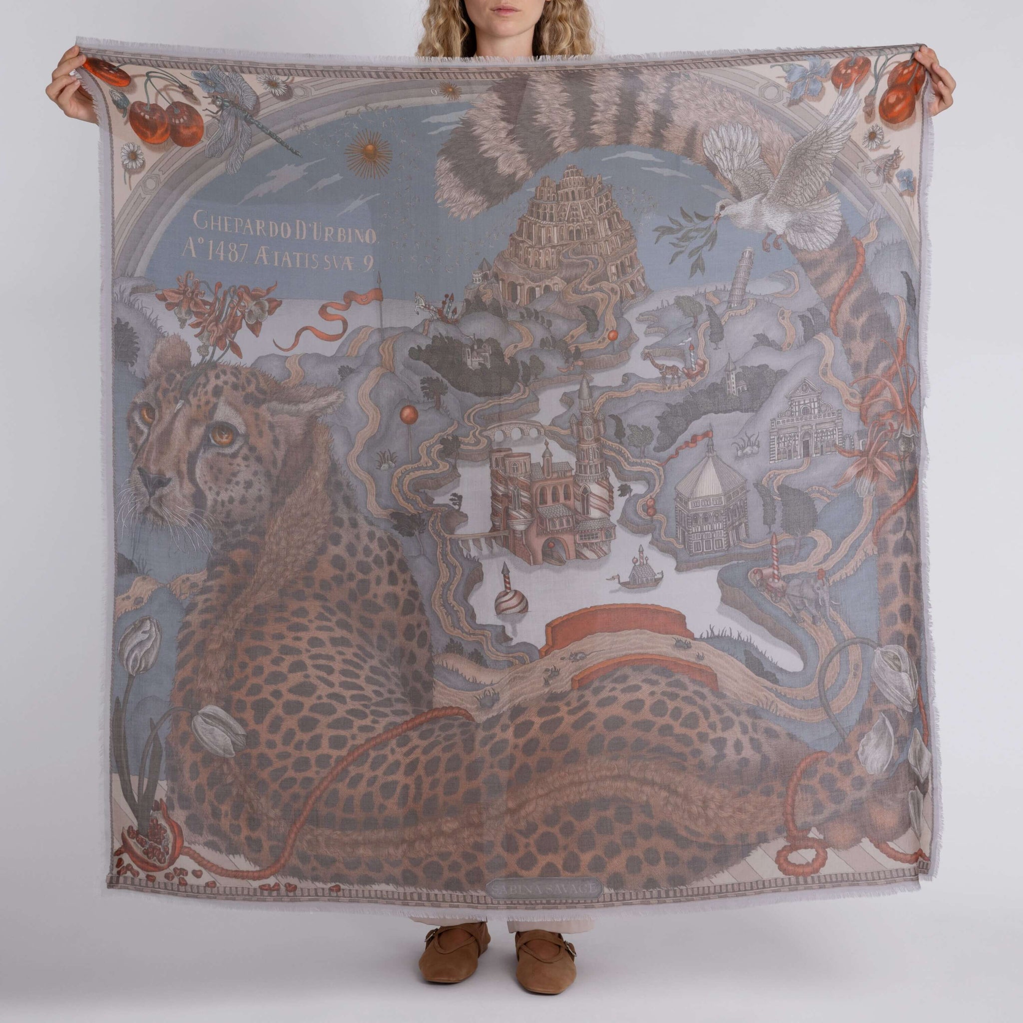 The Medici Cheetah Cashmere Shawl in Morello Mint | Sabina Savage