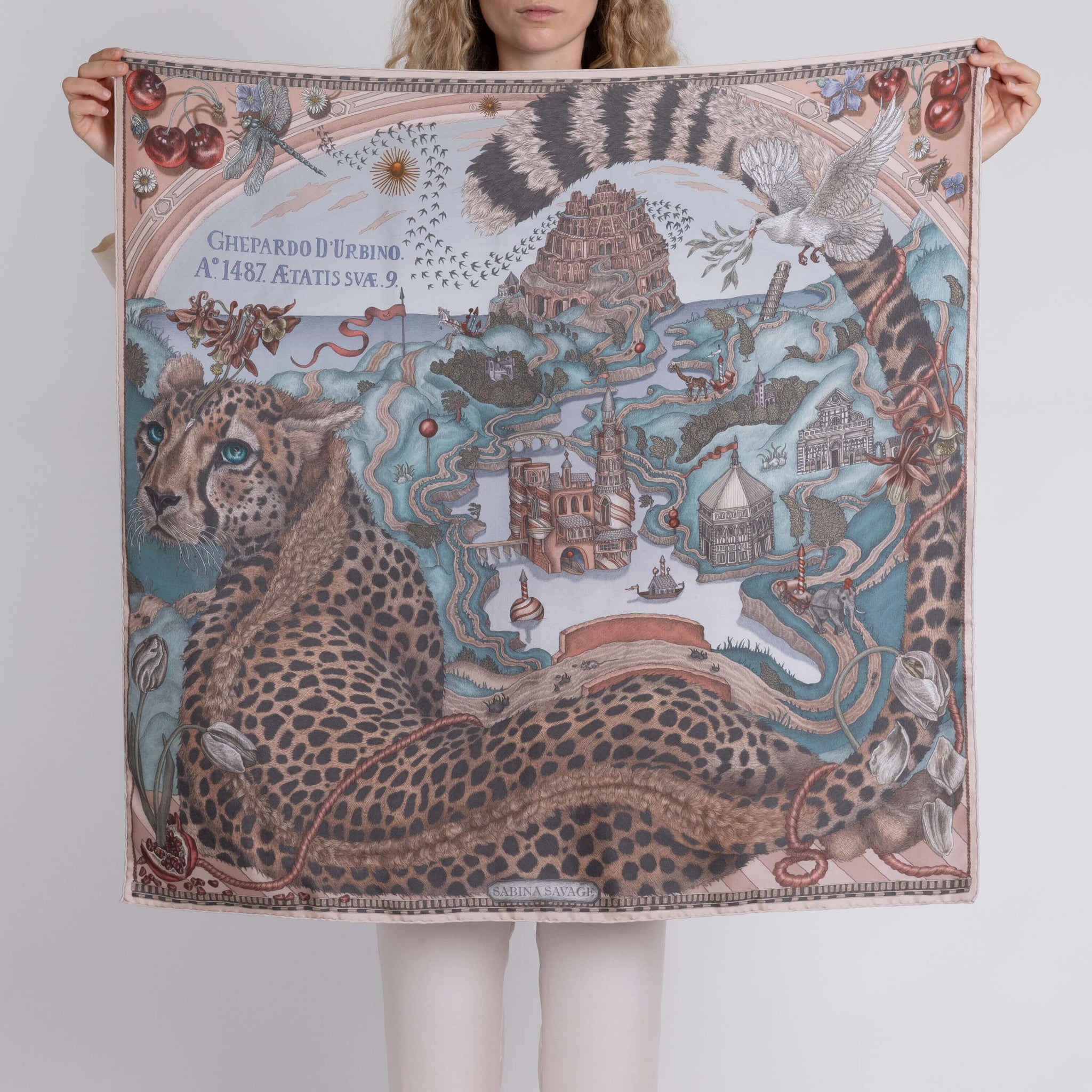 The Medici Cheetah Sillk Twill Shawl in Morello Mint | Sabina Savage