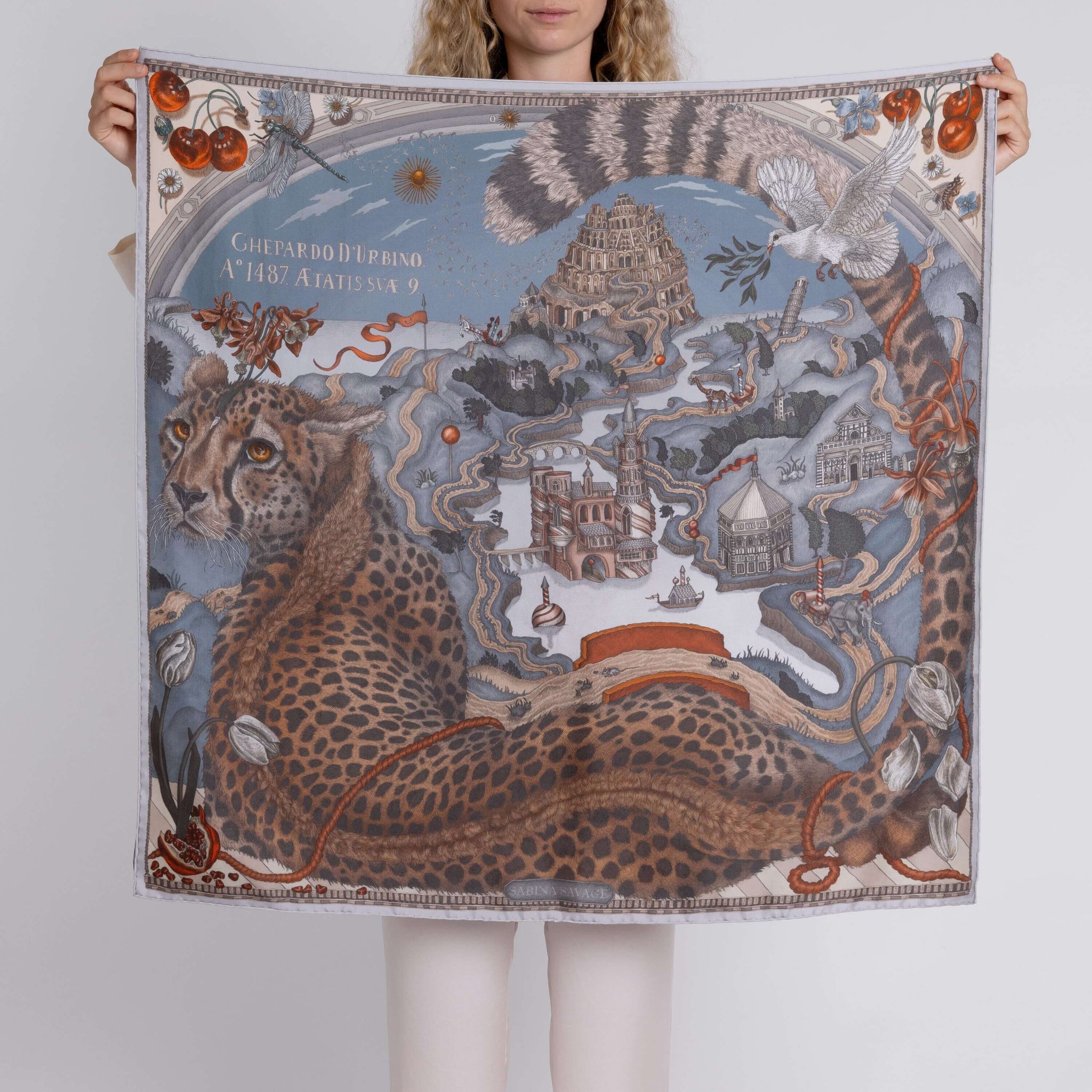 セバスチャン・サルガド The Medici Cheetah Sillk Twill Shawl in Morello Mint | Sabina Savage
