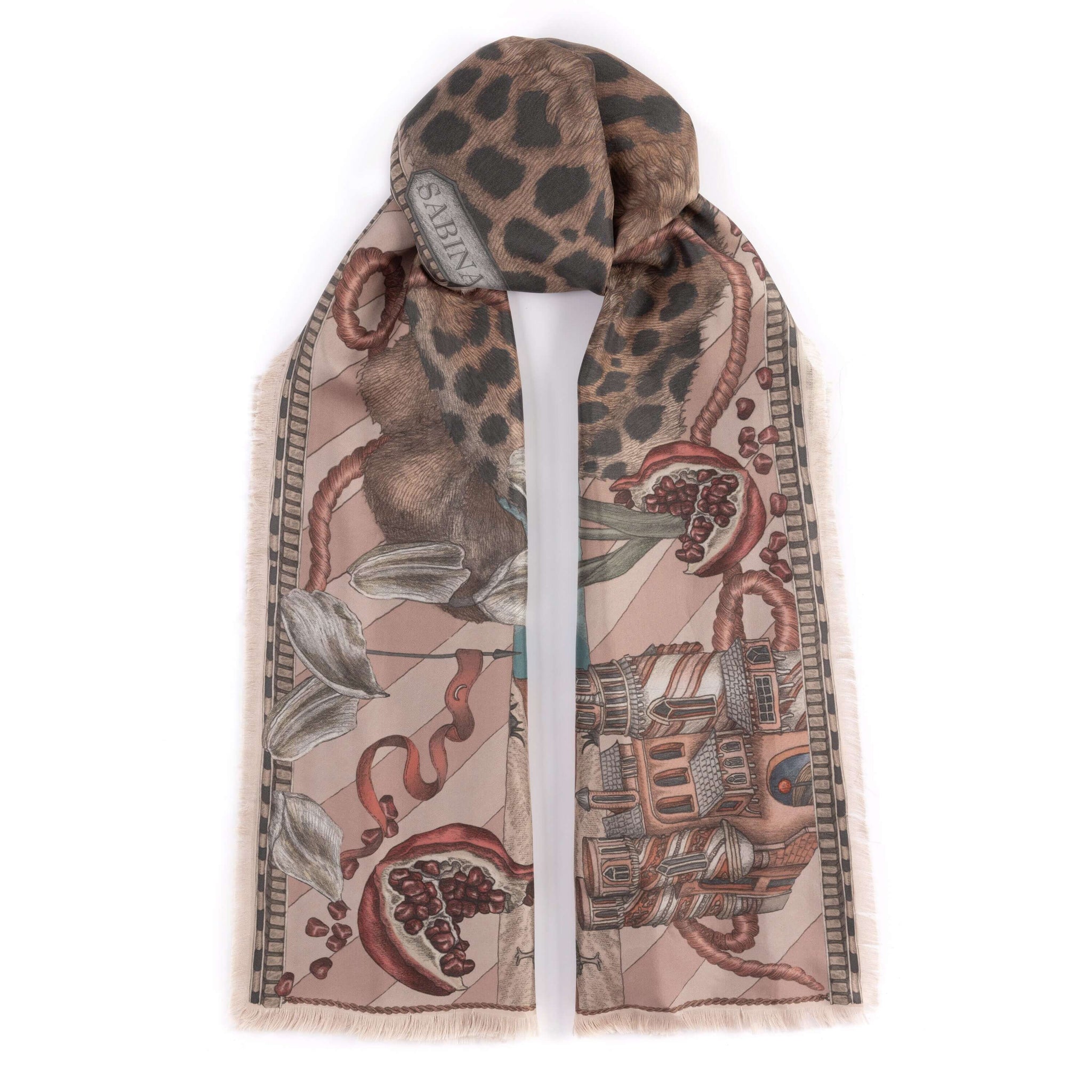 The Medici Cheetah Sillk Twill Shawl in Morello Mint | Sabina Savage