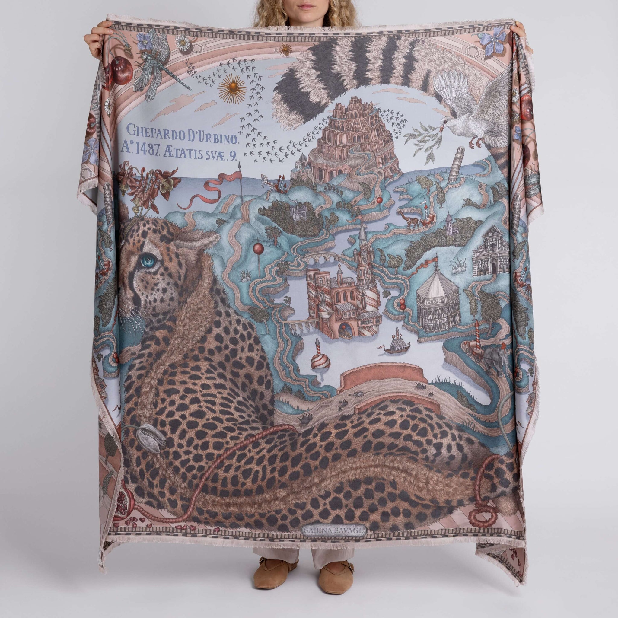 The Medici Cheetah Sillk Twill Shawl in Morello Mint | Sabina Savage