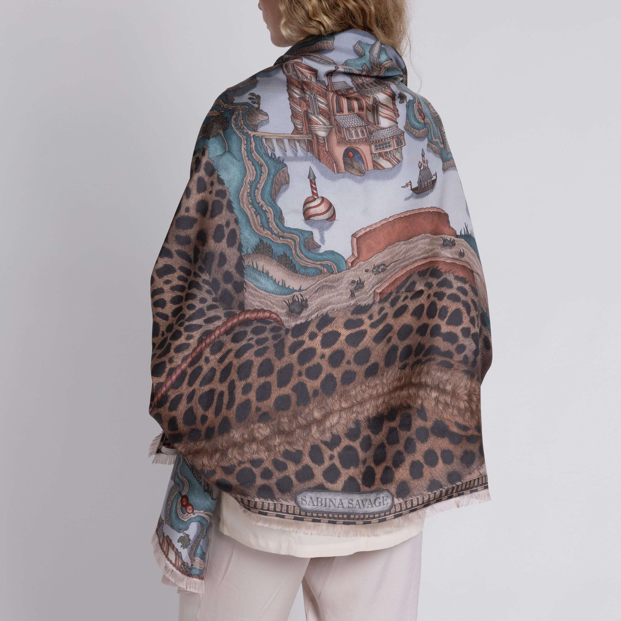 The Medici Cheetah Sillk Twill Shawl in Morello Mint | Sabina Savage