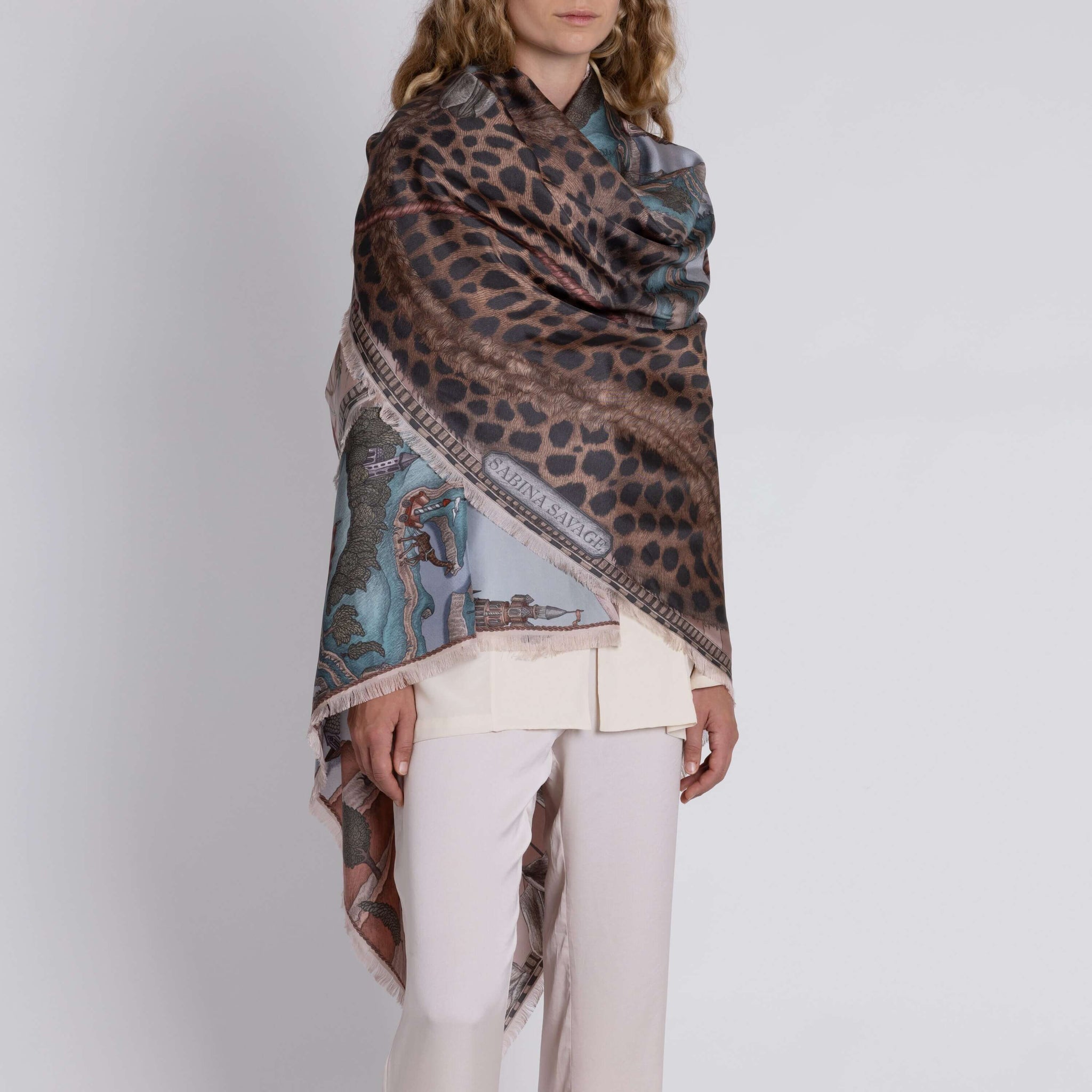 The Medici Cheetah Sillk Twill Shawl in Morello Mint | Sabina Savage