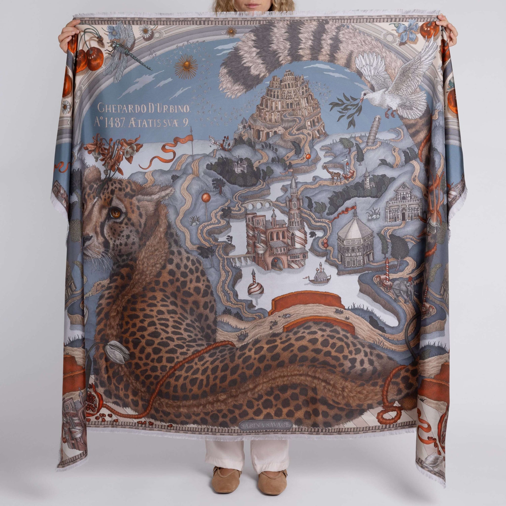 セバスチャン・サルガド The Medici Cheetah Sillk Twill Shawl in Morello Mint | Sabina Savage