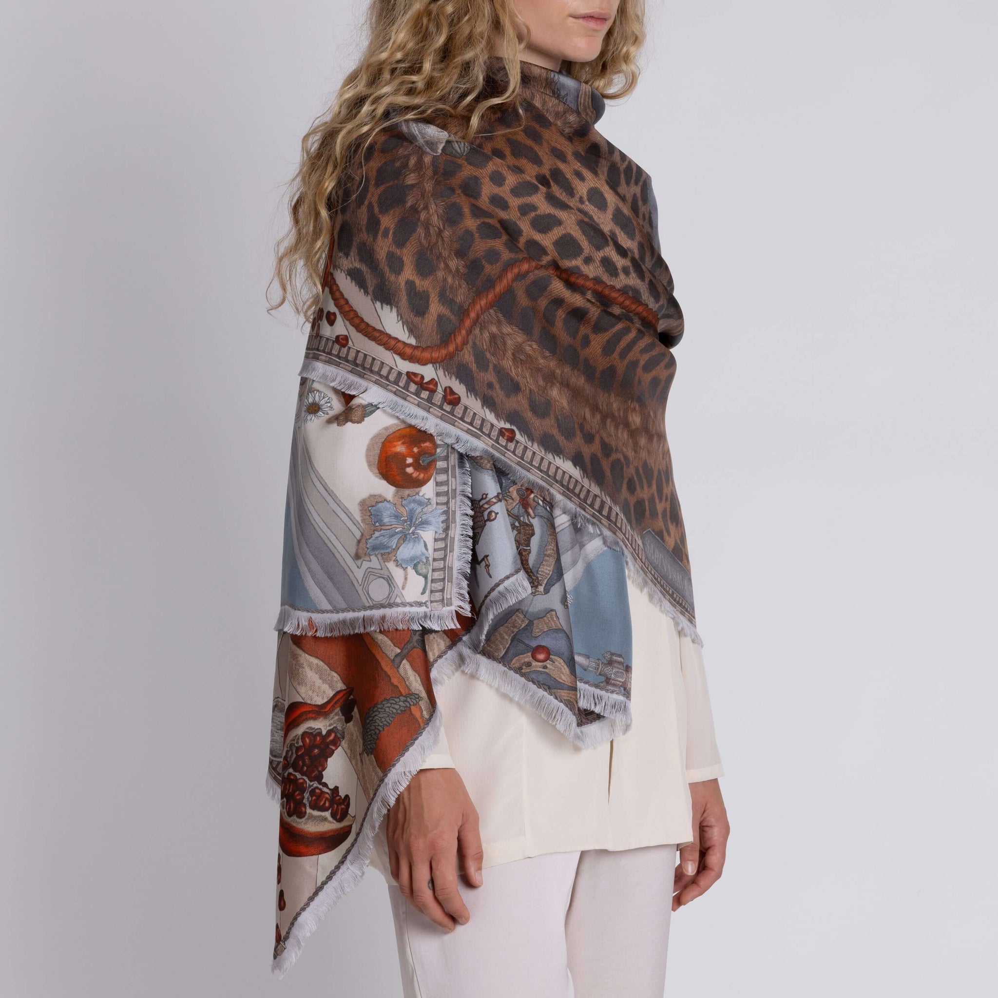 The Medici Cheetah Sillk Twill Shawl in Morello Mint | Sabina Savage