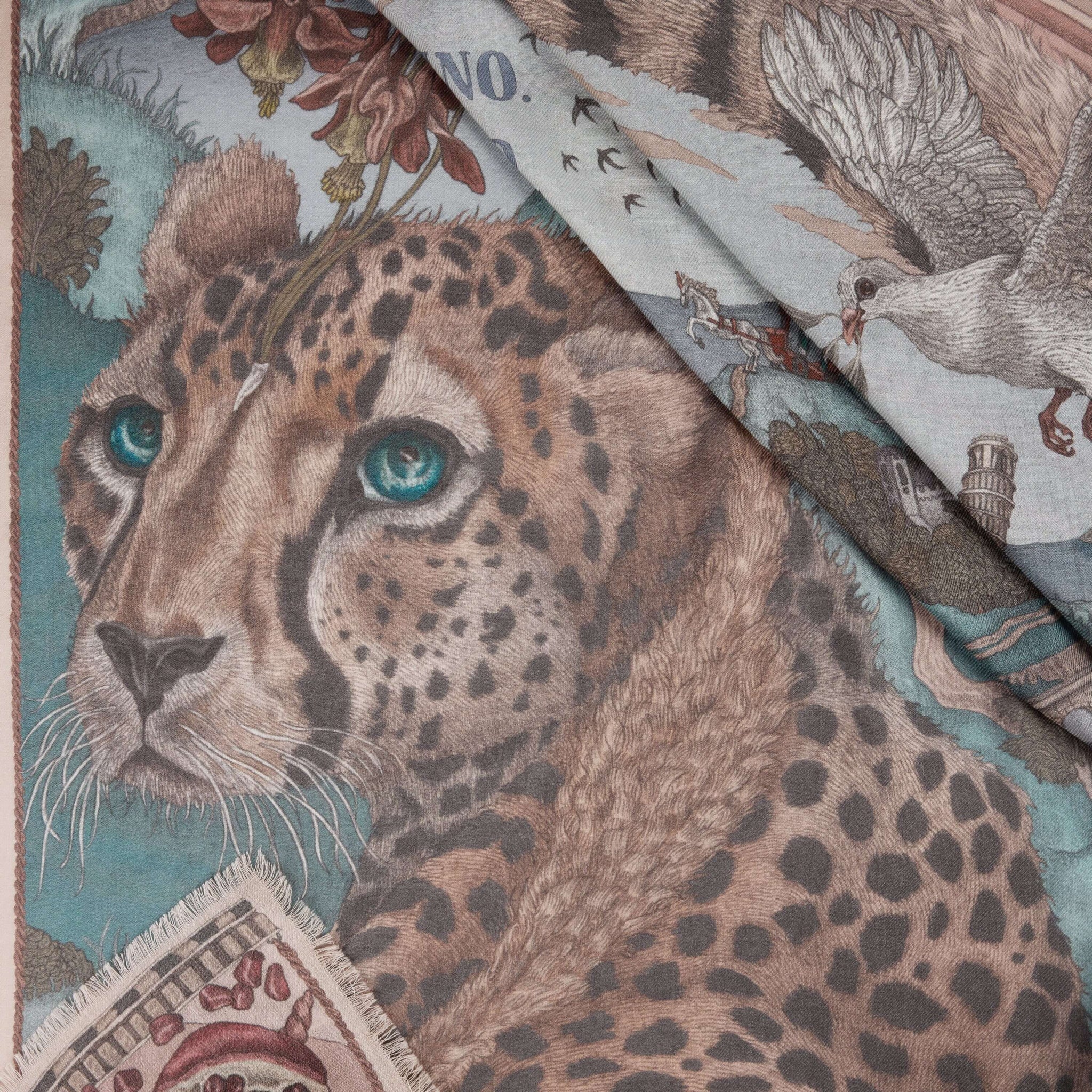 The Medici Cheetah Sillk Twill Shawl in Morello Mint | Sabina Savage