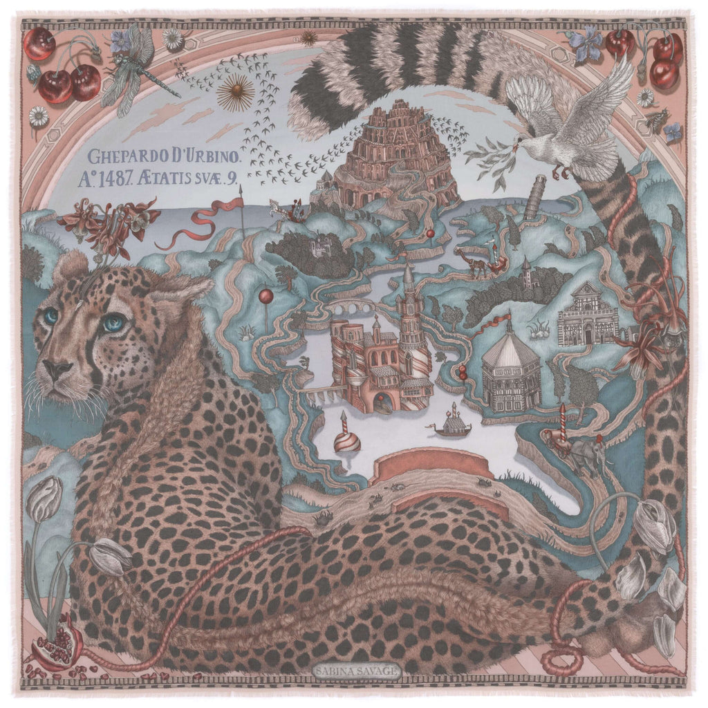 The Medici Cheetah Sillk Twill Shawl in Morello Mint | Sabina Savage