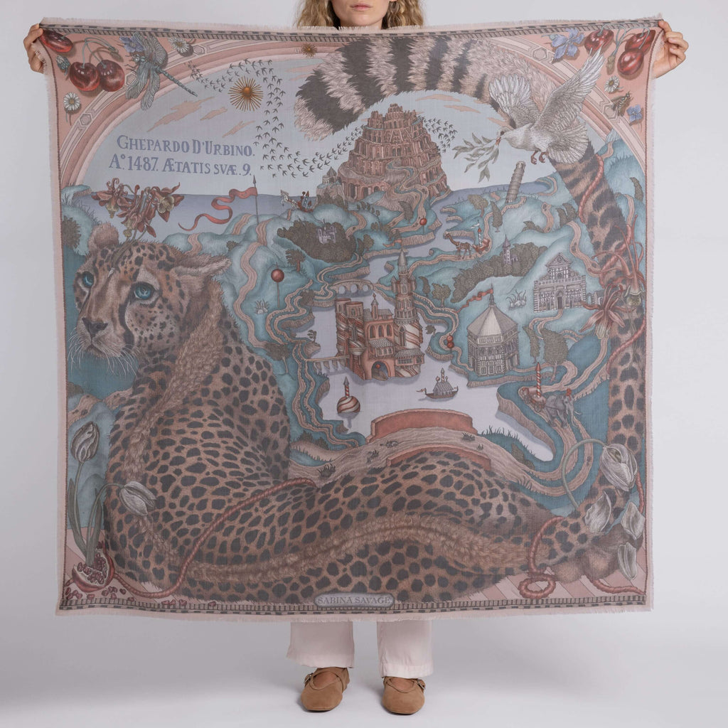 The Medici Cheetah Sillk Twill Shawl in Morello Mint | Sabina Savage