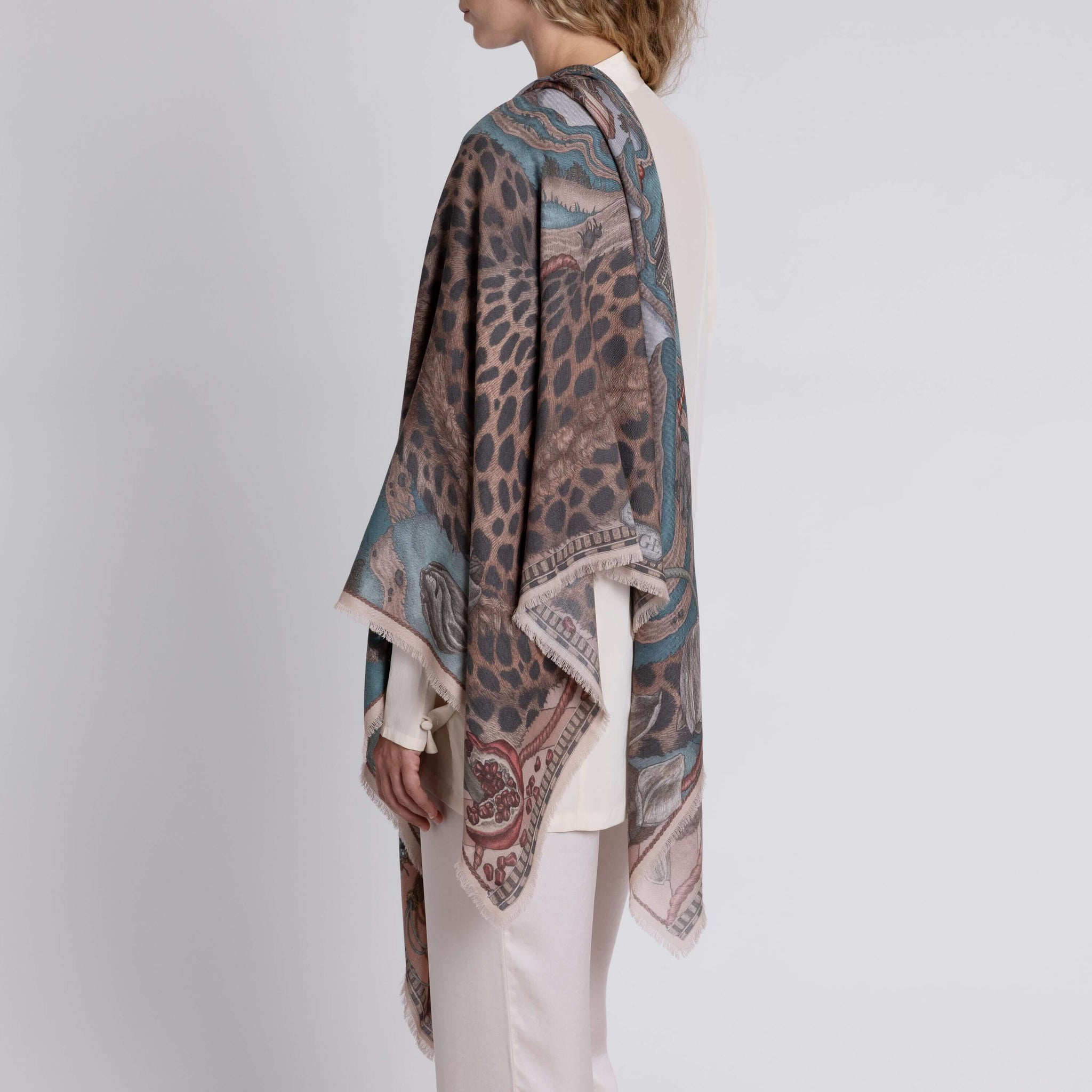 The Medici Cheetah Sillk Twill Shawl in Morello Mint | Sabina Savage