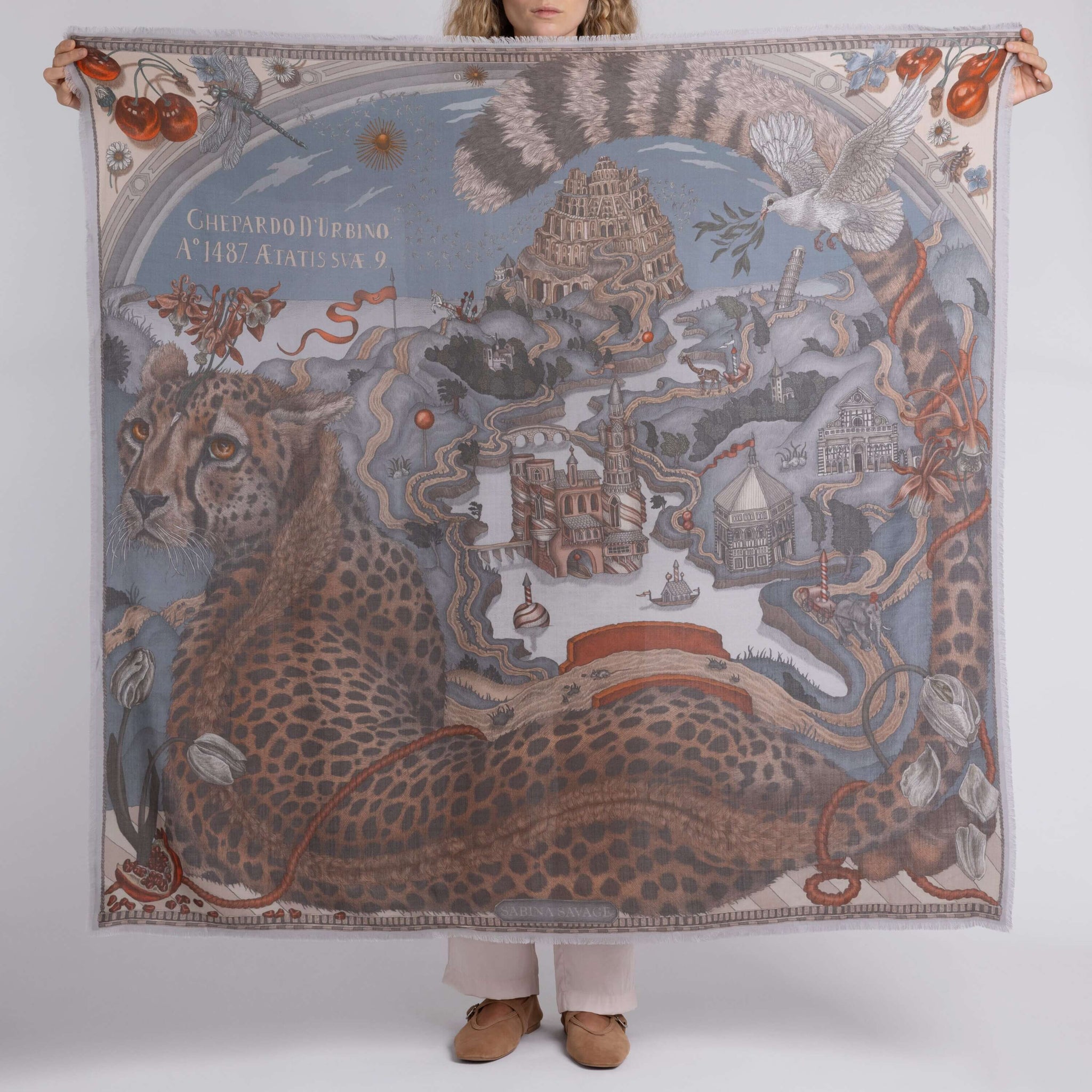 The Medici Cheetah Sillk Twill Shawl in Morello Mint | Sabina Savage