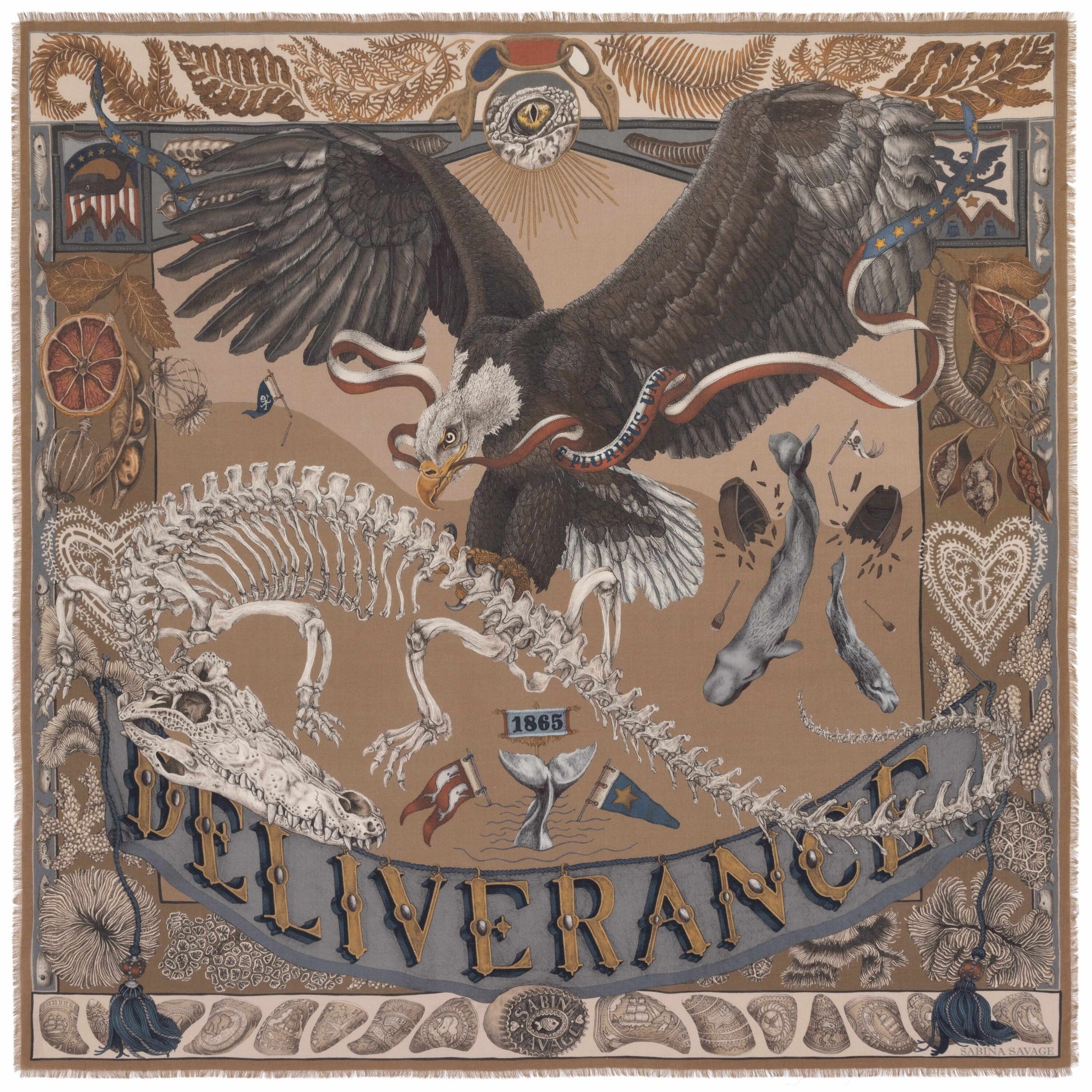   スカルプチャー　Allan Scharffデザイン The Scrimshaw Skeleton Wool Silk Shawl in Kelp Canvas | Sabina Savage