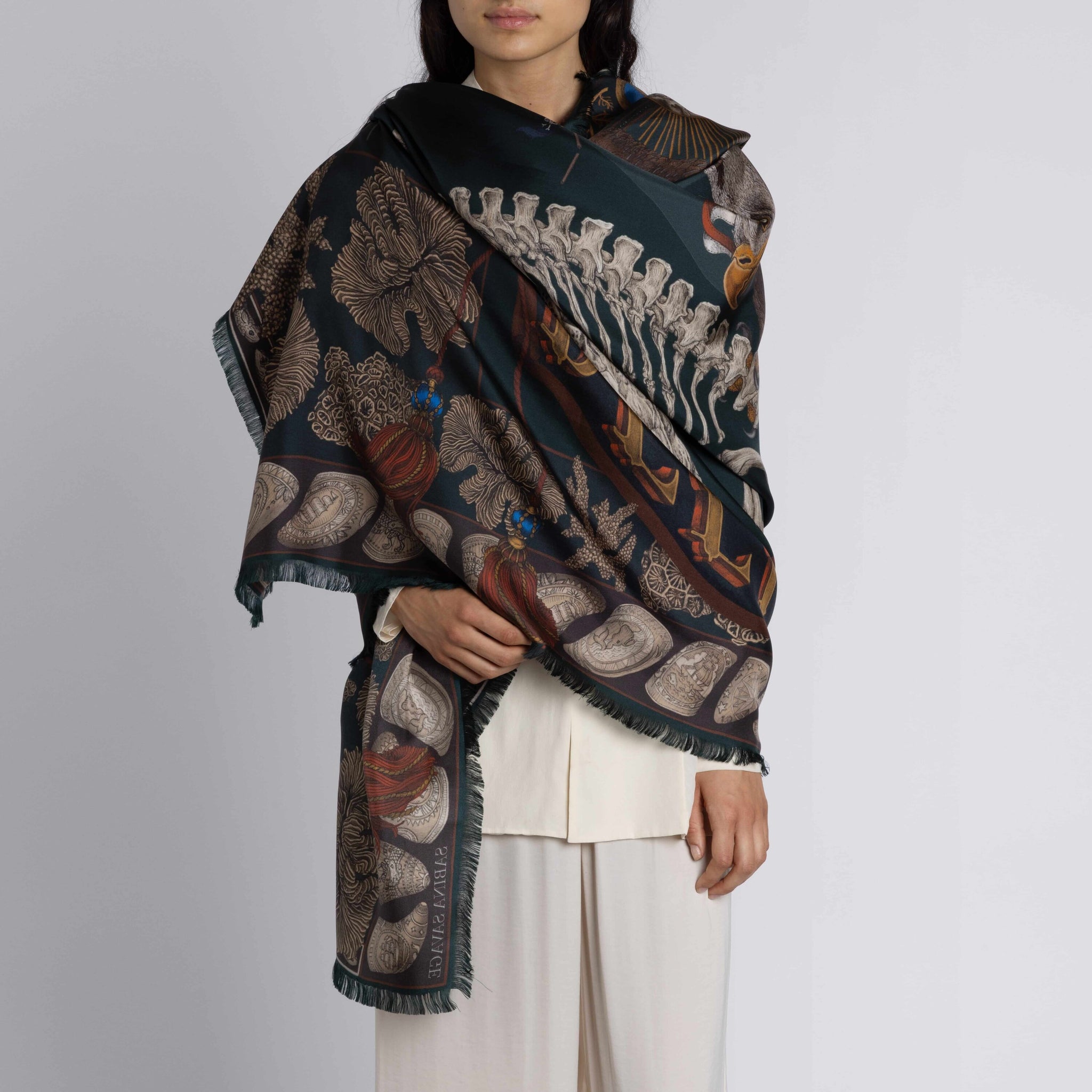 The Scrimshaw Skeleton Silk Twill Shawl in Kelp Canvas | Sabina Savage
