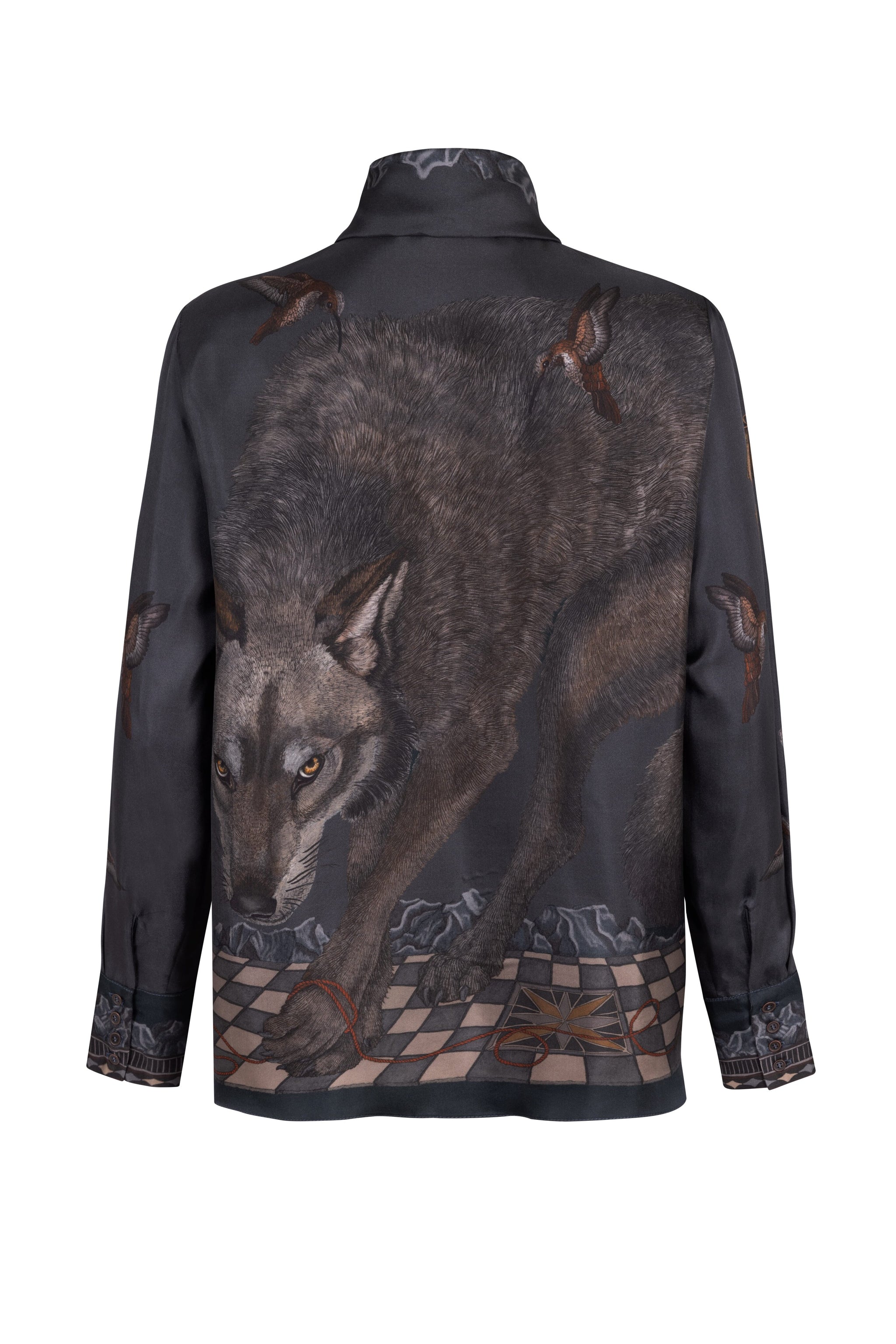 The Wolf You Feed Tie-Neck Silk Blouse in Gunmetal Gloaming