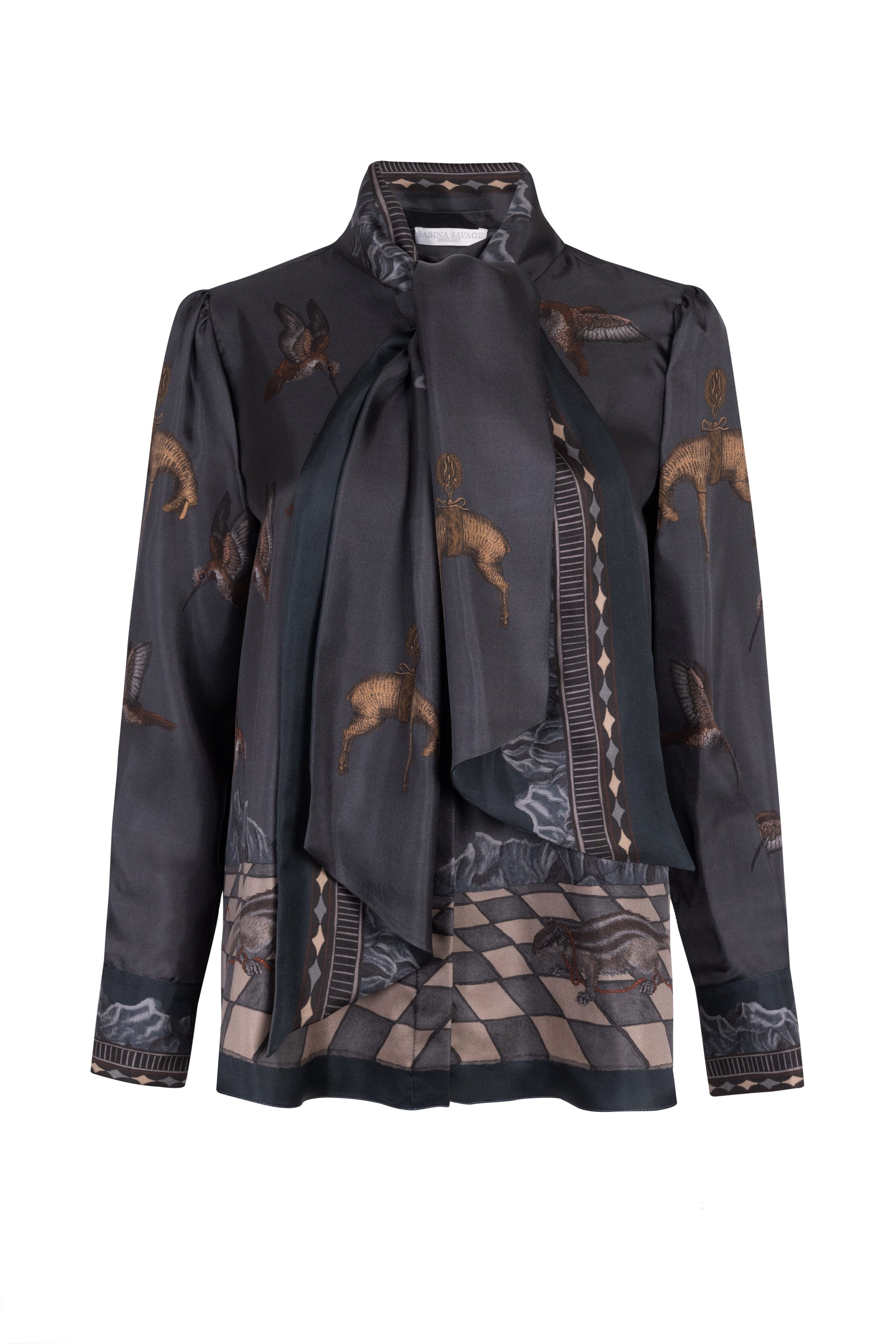 The Wolf You Feed Tie-Neck Silk Blouse in Gunmetal Gloaming
