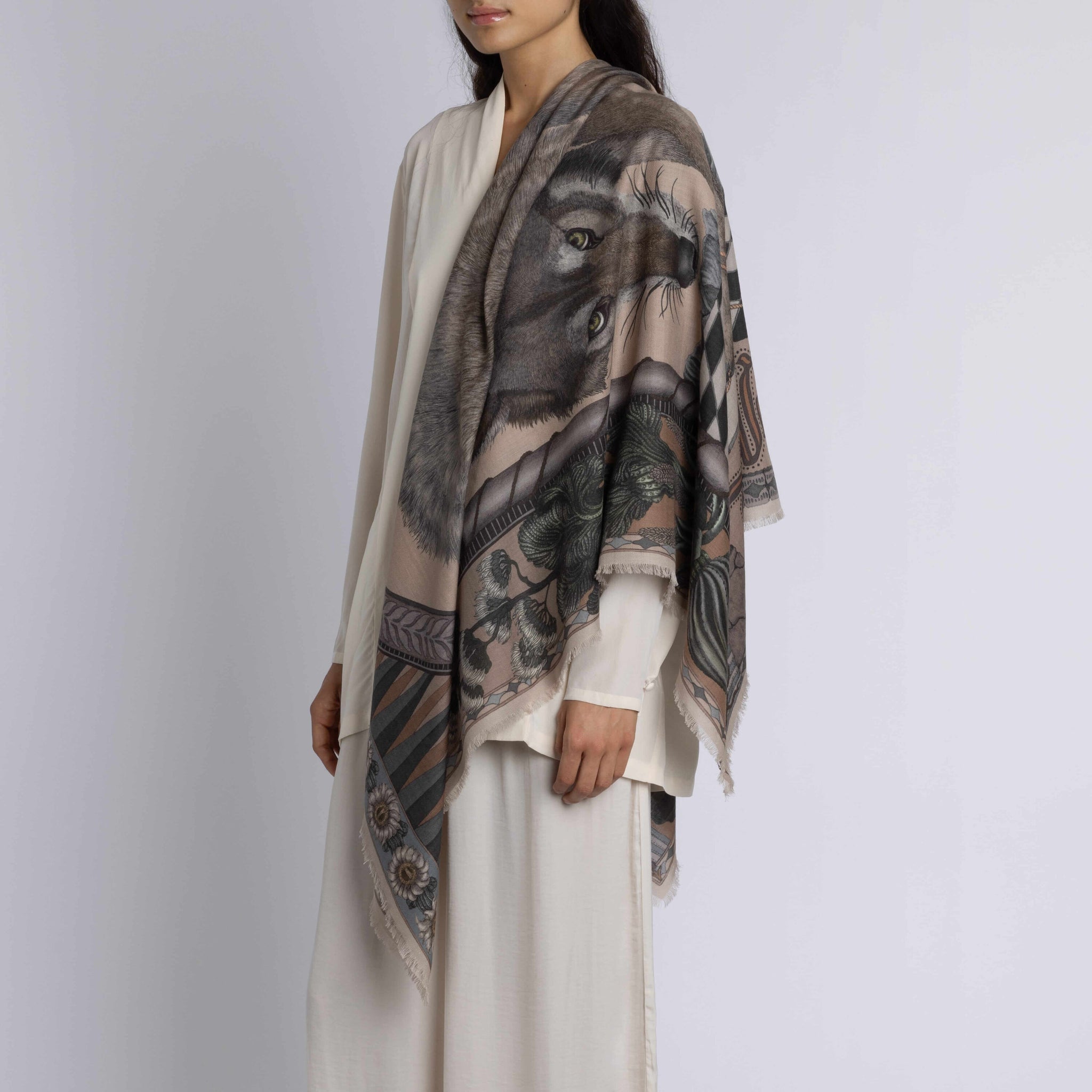 The Wolf You Feed Wool Silk Shawl in Desert Dawn | Sabina Savage