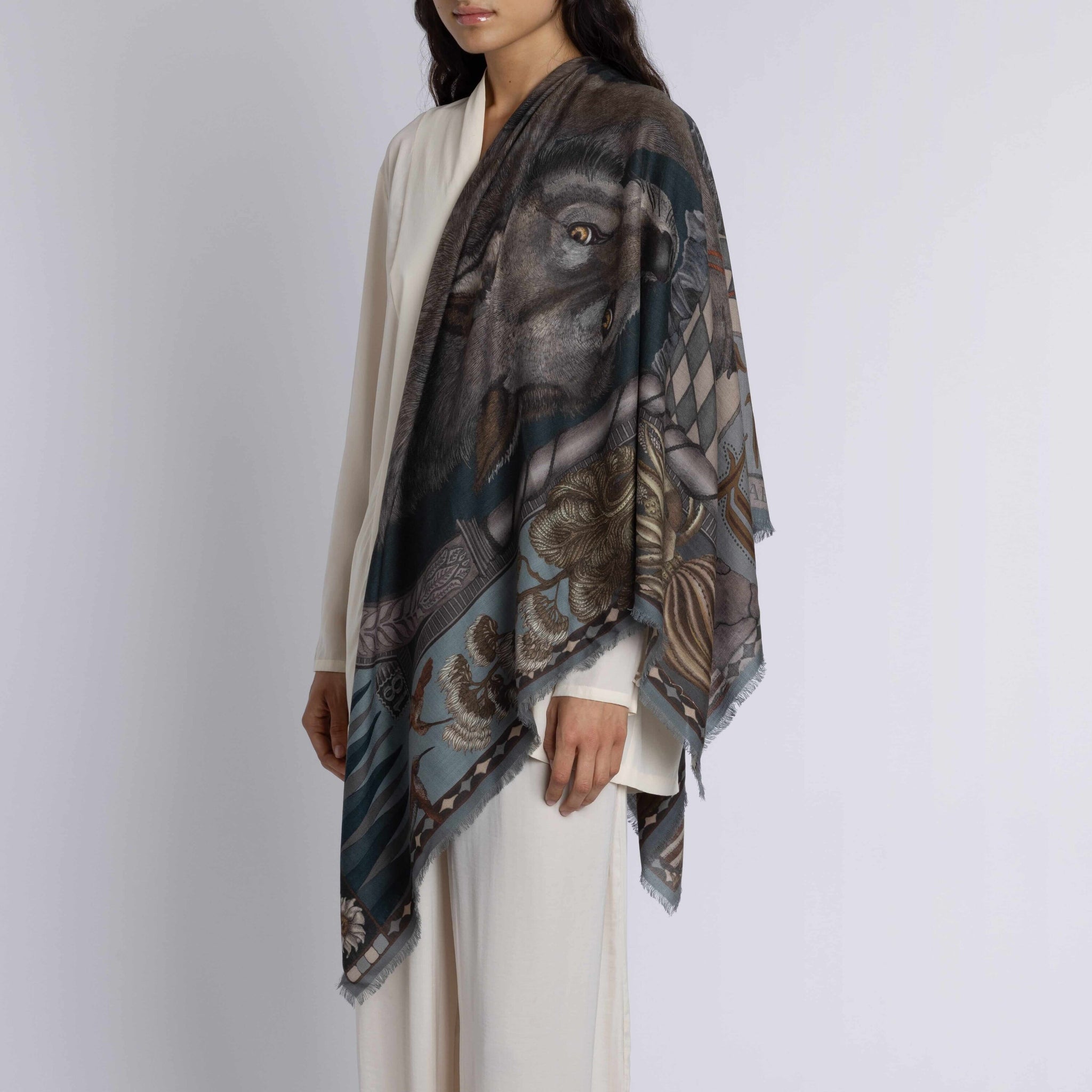 The Wolf You Feed Wool Silk Shawl in Desert Dawn | Sabina Savage