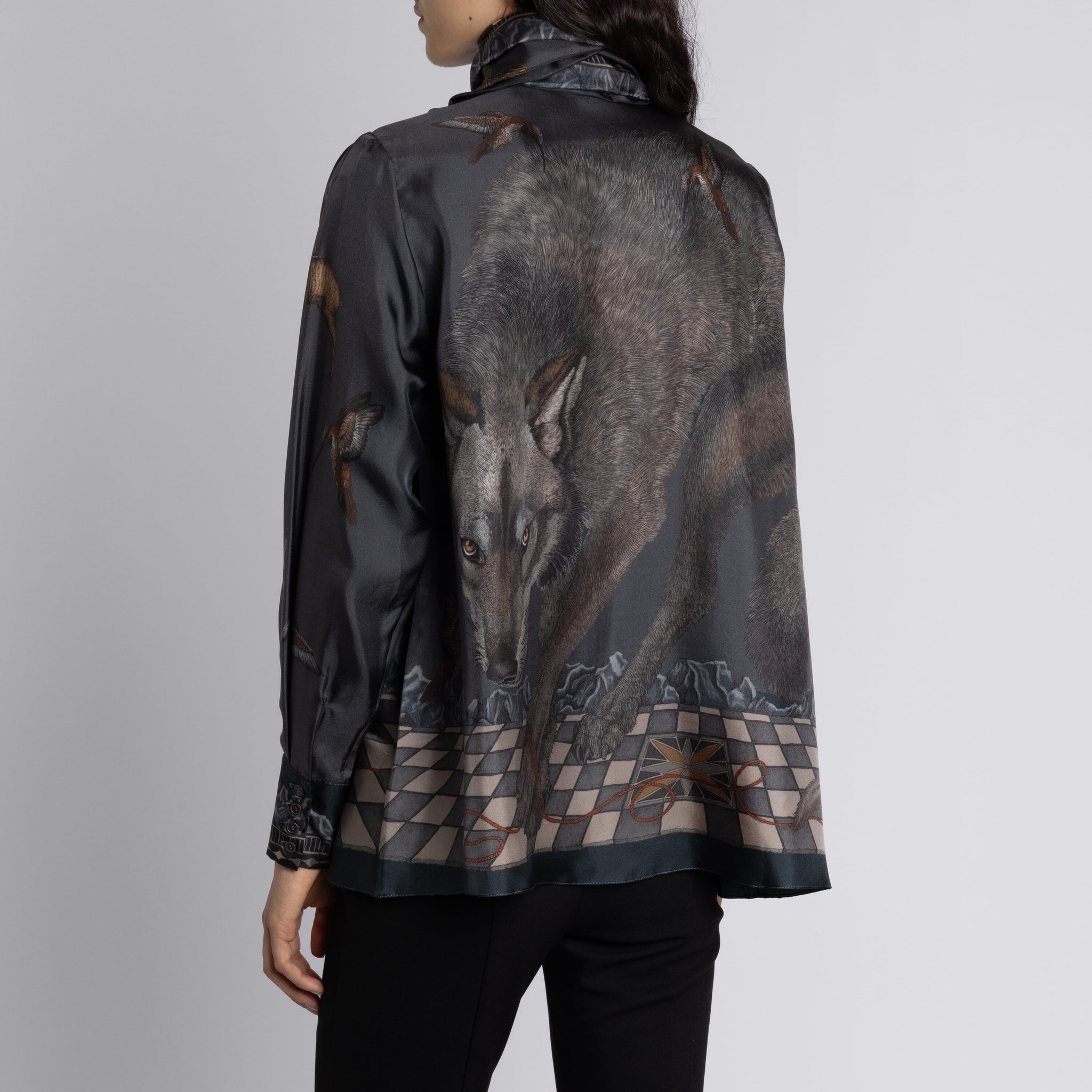 The Wolf You Feed Tie-Neck Silk Blouse in Gunmetal Gloaming