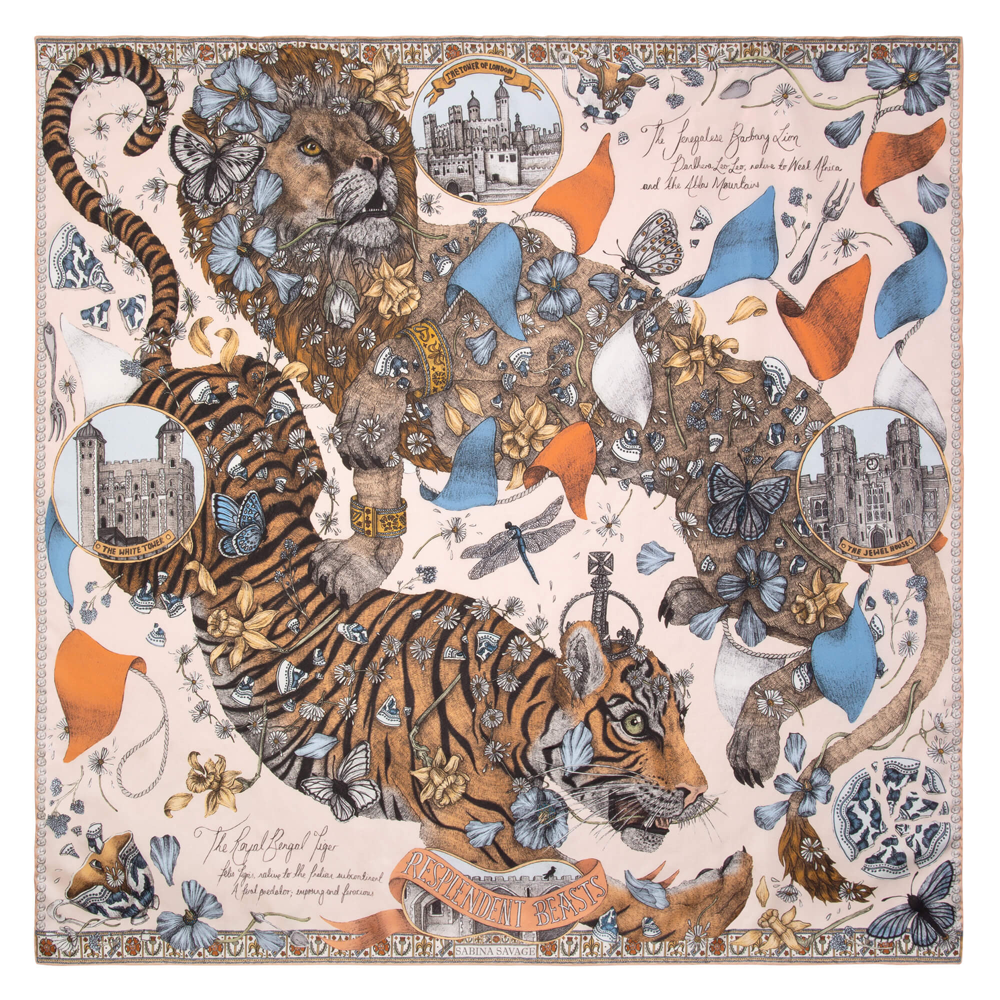SEASON WIND Multicolored Baroque Tiger Face Silk Scarf 36”/ 35 EC
